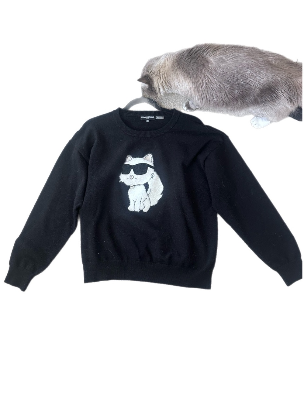 Karl Lagerfeld Black Crewneck Sweater with White Sunglass Cat